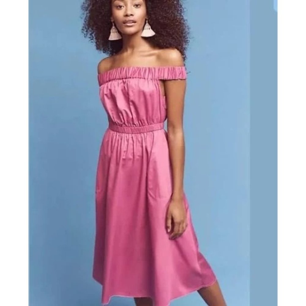 Maeve Anthropologie Pink Off Shoulder Cotton Poplin Midi Dress Small Magenta